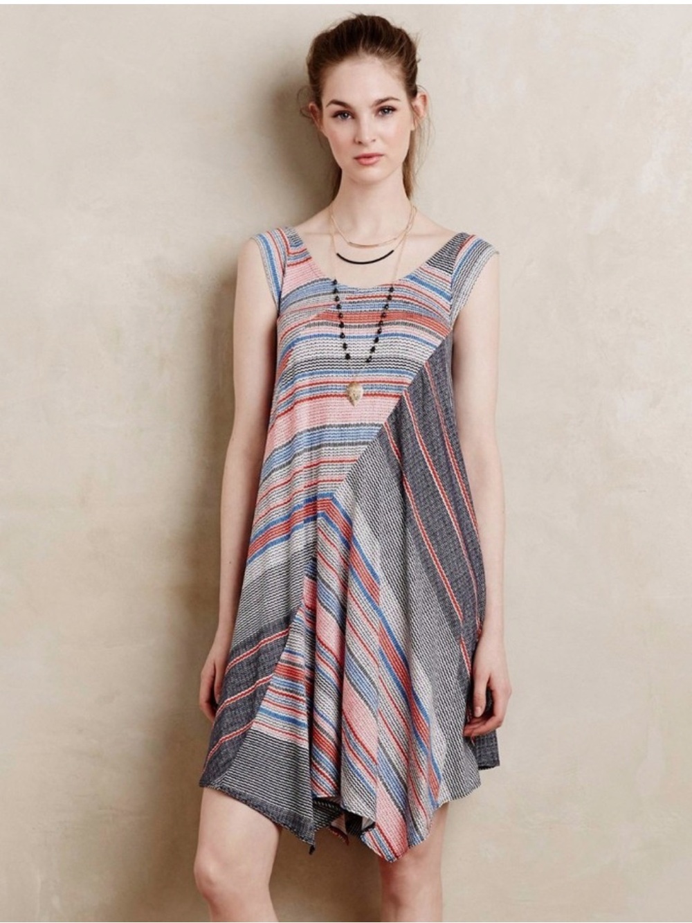 Anthropologie Weston Striped Hem Sleeveless Dress in Coral and Gray Large